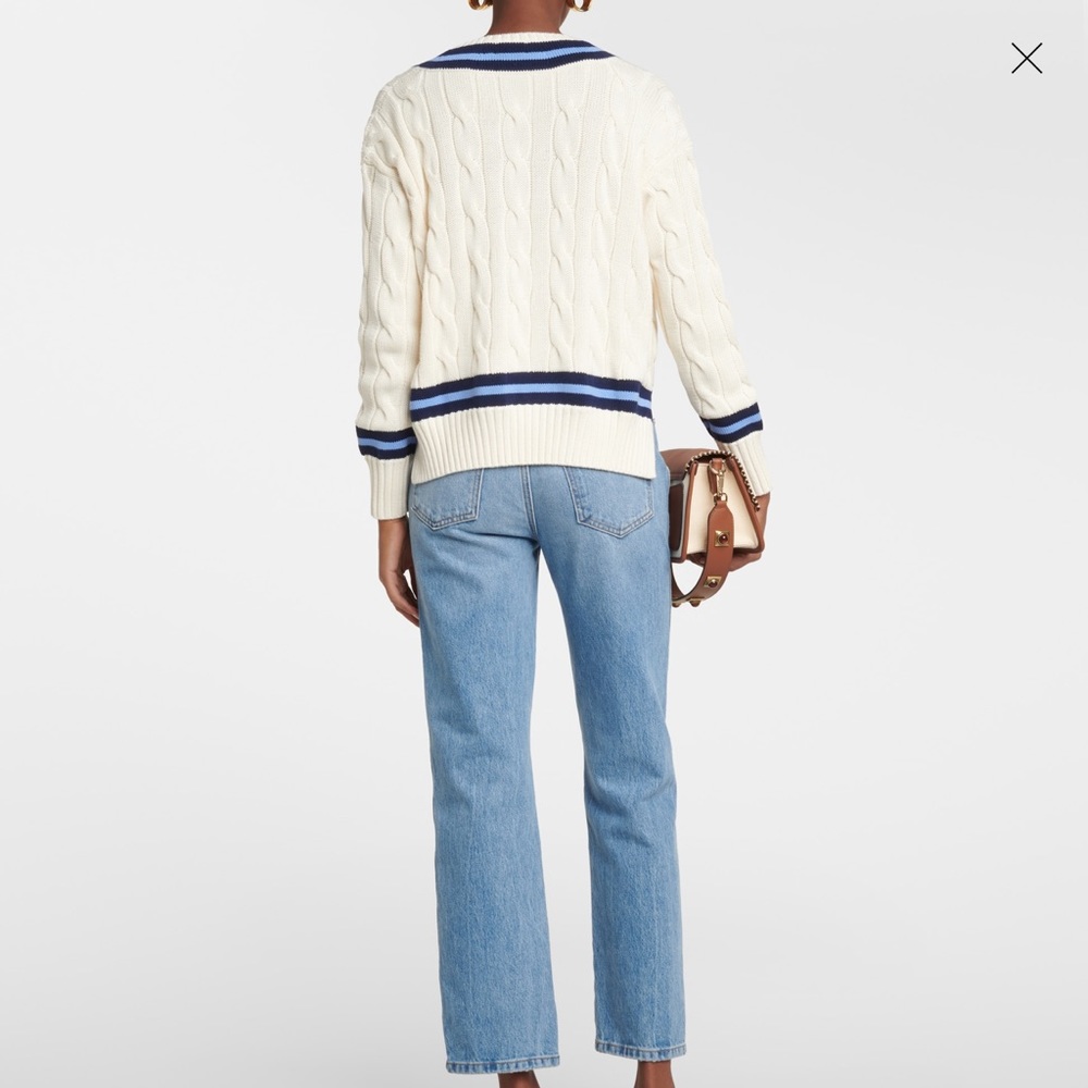 Polo by Ralph Lauren Cream Cable-Knit V-Neck Sweater with Navy & Light Blue Trim - Picture 8 of 9